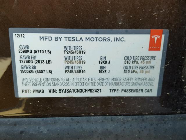 5YJSA1CN3CFP02421 - 2012 TESLA MODEL S BROWN photo 10