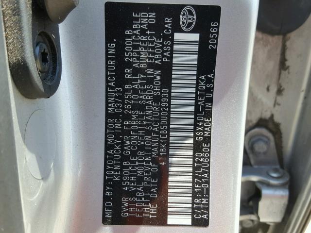 4T1BK1EB5DU029930 - 2013 TOYOTA AVALON BAS Silber Foto 10