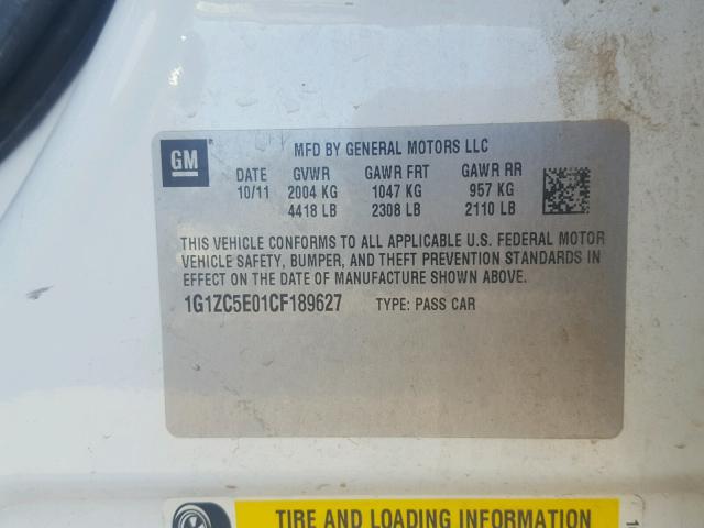 1G1ZC5E01CF189627 - 2012 CHEVROLET MALIBU 1LT 白色 照片 10