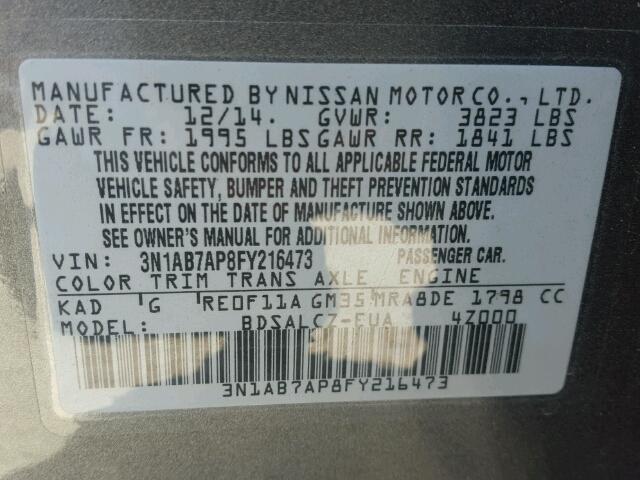 3N1AB7AP8FY216473 - 2015 NISSAN SENTRA S CHARCOAL photo 10