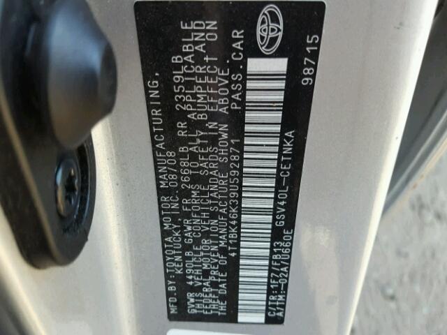 4T1BK46K39U592871 - 2009 TOYOTA CAMRY LE/X SILVER photo 10