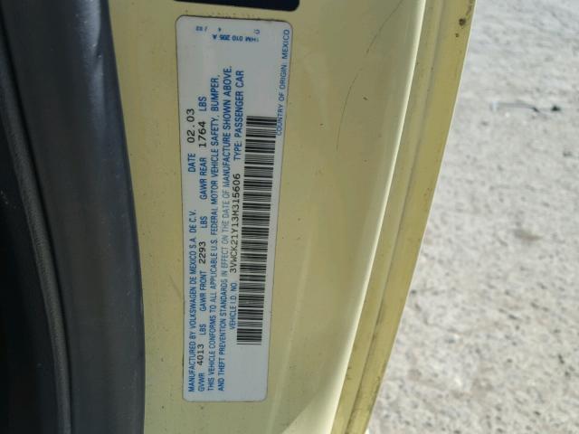 3VWCK21Y13M315606 - 2003 VOLKSWAGEN NEW BEETLE 黄色 照片 10