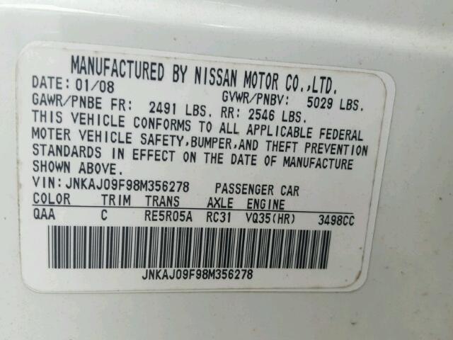 JNKAJ09F98M356278 - 2008 INFINITI EX35 BASE WHITE photo 10