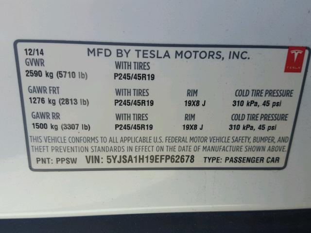 5YJSA1H19EFP62678 - 2014 TESLA MODEL S 白色 照片 10