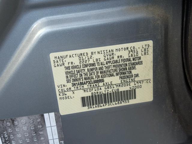 3N1AB6AP3CL688955 - 2012 NISSAN SENTRA 2.0 GRAY photo 10