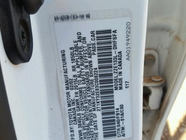 2T1KY32E83C008224 - 2003 TOYOTA COROLLA MA WHITE photo 10