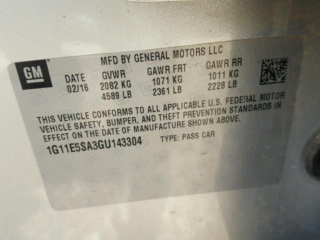 1G11E5SA3GU143304 - 2016 CHEVROLET MALIBU LIM 银色 照片 10