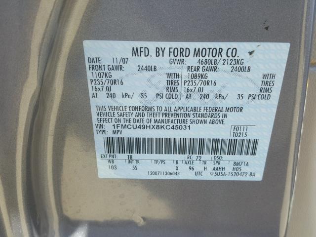 1FMCU49HX8KC45031 - 2008 FORD ESCAPE HEV GRAY photo 10