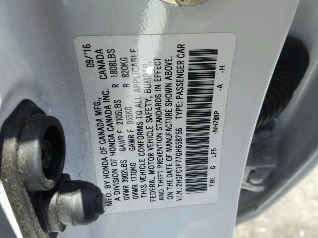 2HGFC1F77GH658756 - 2016 HONDA CIVIC EXL WHITE photo 10
