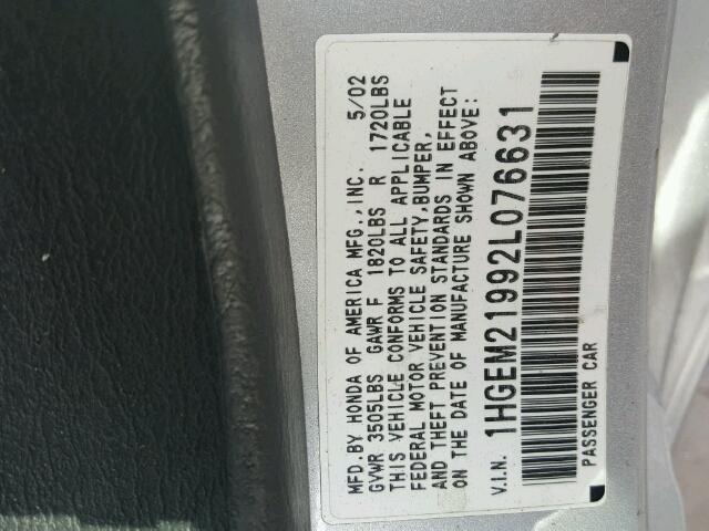 1HGEM21992L076631 - 2002 HONDA CIVIC EX ვერცხლისფერი ფოტო 10