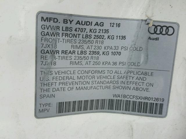 WA1BCCFSXHR012619 - 2017 AUDI Q3 PREMIUM WHITE photo 10