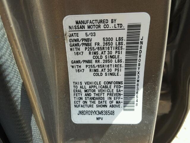 JN8DR09YX3W836548 - 2003 NISSAN PATHFINDER GRAY photo 10