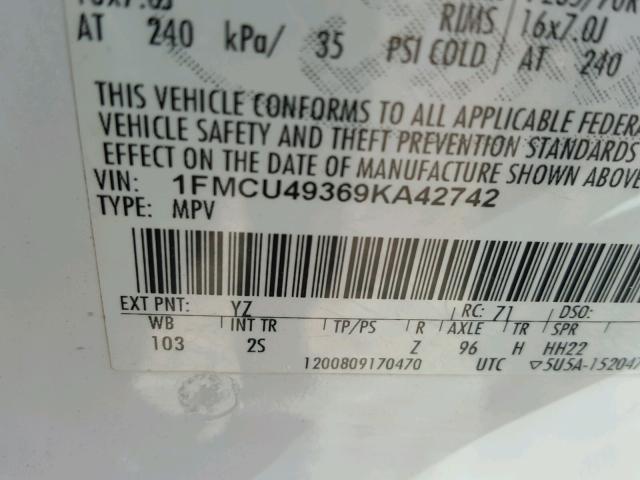 1FMCU49369KA42742 - 2009 FORD ESCAPE HYB WHITE photo 10