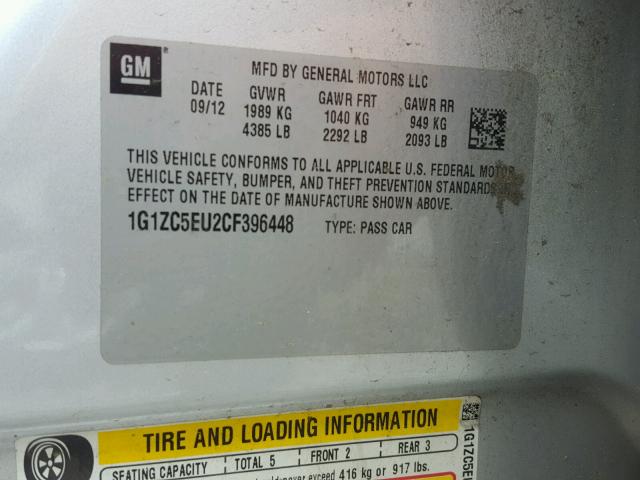 1G1ZC5EU2CF396448 - 2012 CHEVROLET MALIBU 1LT SILVER photo 10