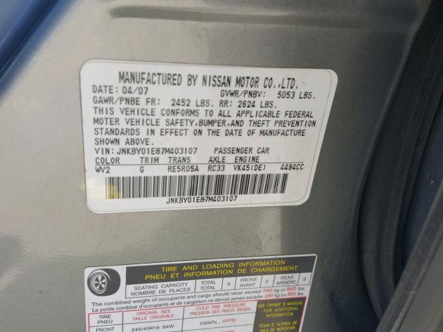 JNKBY01E87M403107 - 2007 INFINITI M45 BASE SILVER photo 10