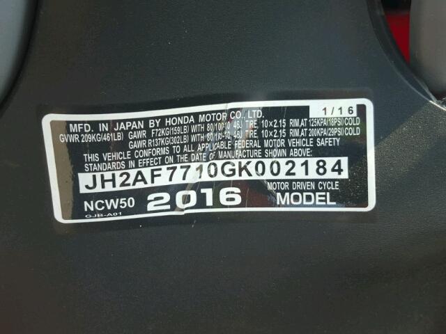 JH2AF7710GK002184 - 2016 HONDA NCW50 RED photo 10