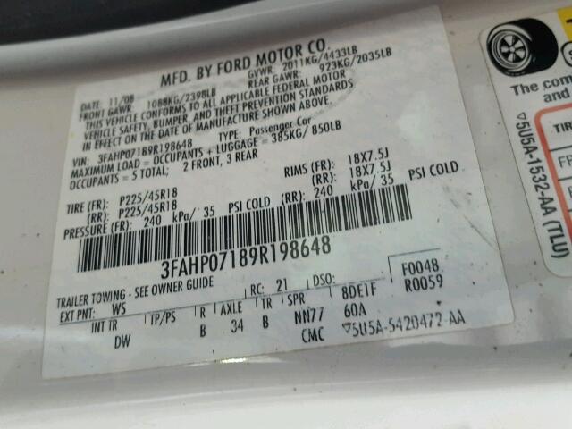 3FAHP07189R198648 - 2009 FORD FUSION SE WHITE photo 10