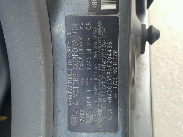 KNADC165846204496 - 2004 KIA RIO CINCO GRAY photo 10