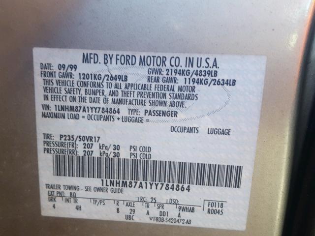 1LNHM87A1YY784864 - 2000 LINCOLN LS 金色 照片 10