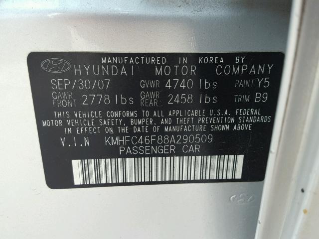 KMHFC46F88A290509 - 2008 HYUNDAI AZERA SE SILVER photo 10