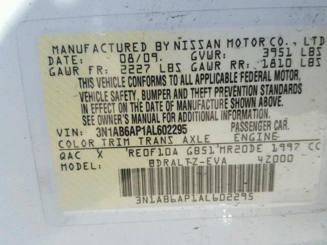 3N1AB6AP1AL602295 - 2010 NISSAN SENTRA 2.0 WHITE photo 10