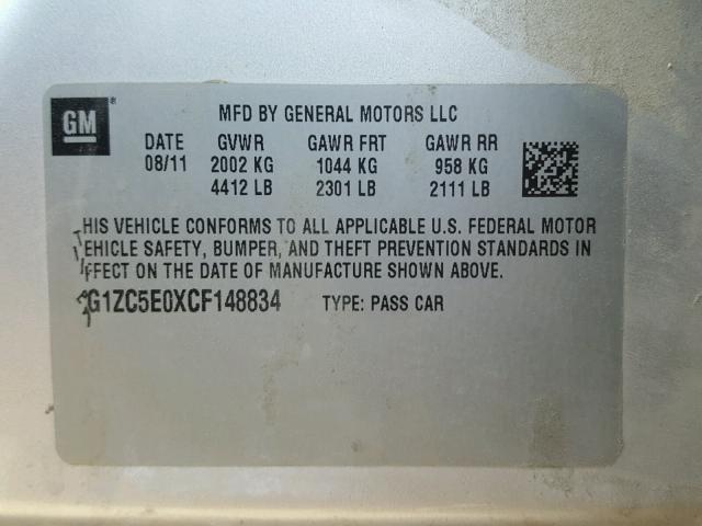 1G1ZC5E0XCF148834 - 2012 CHEVROLET MALIBU 1LT SILVER photo 10