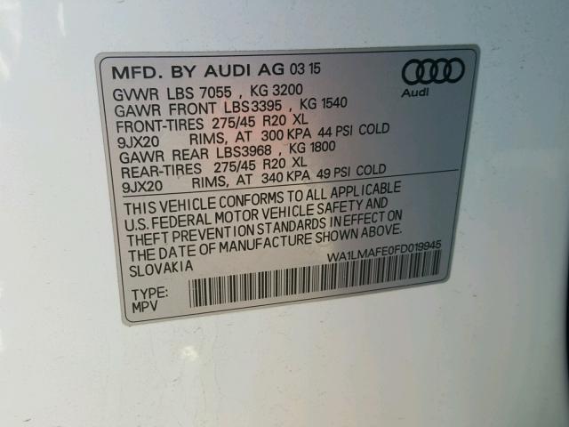 WA1LMAFE0FD019945 - 2015 AUDI Q7 TDI WHITE photo 10