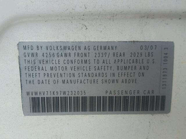 WVWHV71K97W232035 - 2007 VOLKSWAGEN NEW GTI WHITE photo 10