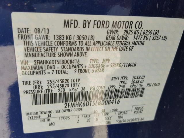 2FMHK6DT5EBD08416 - 2014 FORD FLEX LIMIT BLUE photo 10