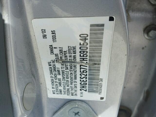 2HGES25772H590540 - 2002 HONDA CIVIC EX SILVER photo 10