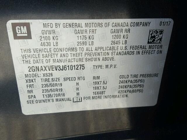 2GNAXVEV3J6101275 - 2018 CHEVROLET EQUINOX PR CHARCOAL photo 10