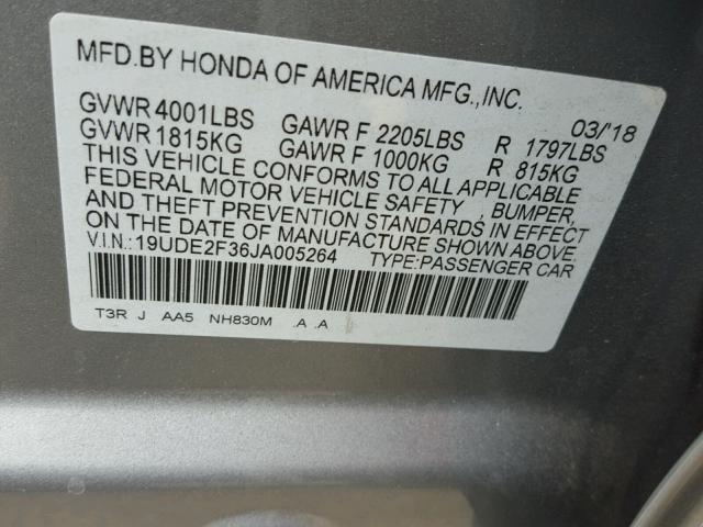 19UDE2F36JA005264 - 2018 ACURA ILX BASE SILVER photo 10