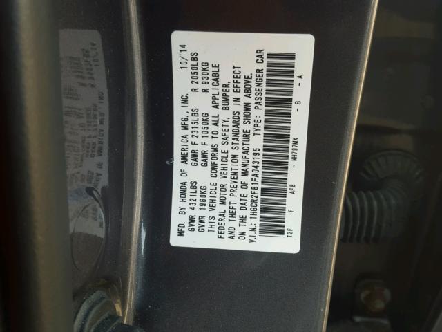 1HGCR2F81FA043195 - 2015 HONDA ACCORD EXL GRAY photo 10