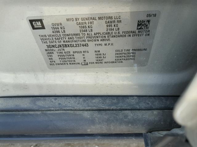 3GNCJKSBXGL237443 - 2016 CHEVROLET TRAX LS SILVER photo 10