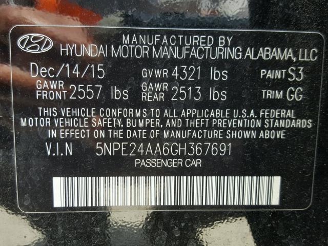 5NPE24AA6GH367691 - 2016 HYUNDAI SONATA ECO BLACK photo 10