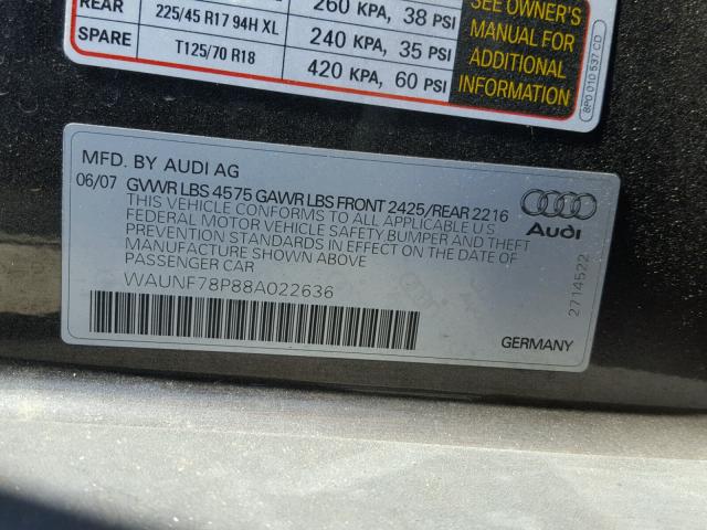 WAUNF78P88A022636 - 2008 AUDI A3 2.0 PRE BLACK photo 10