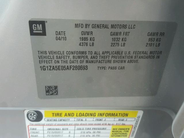 1G1ZA5E05AF280693 - 2010 CHEVROLET MALIBU LS 银色 照片 10