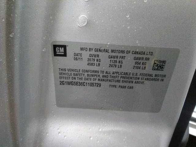 2G1WG5E36C1105729 - 2012 CHEVROLET IMPALA LT SILVER photo 10