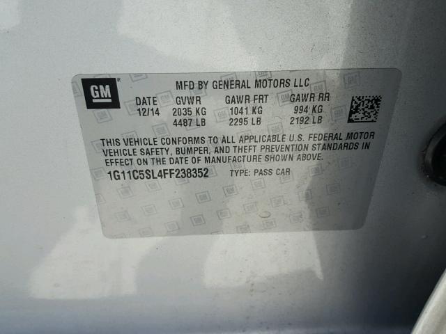 1G11C5SL4FF238352 - 2015 CHEVROLET MALIBU 1LT SILVER photo 10