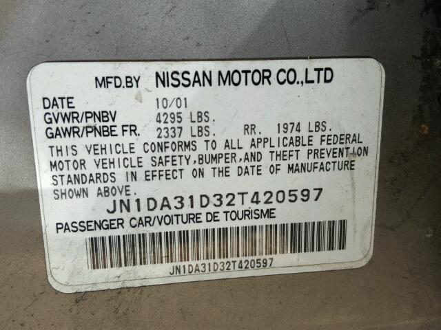 JN1DA31D32T420597 - 2002 NISSAN MAXIMA GLE SILVER photo 10