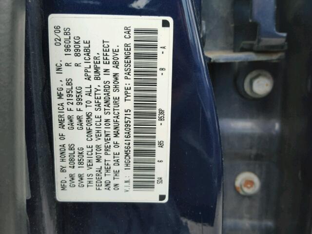 1HGCM56416A095715 - 2006 HONDA ACCORD LX BLUE photo 10