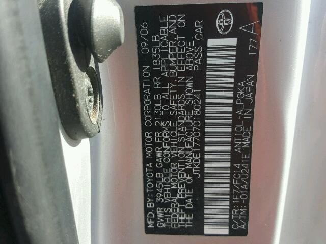 JTKDE177070180241 - 2007 TOYOTA SCION TC 银色 照片 10