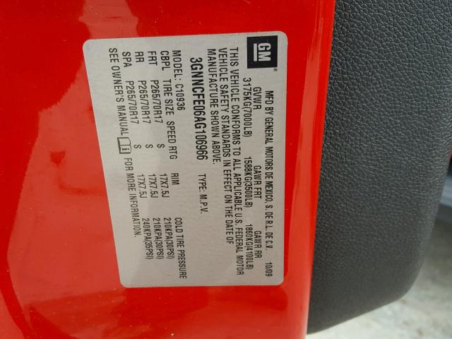3GNNCFE06AG106966 - 2010 CHEVROLET AVALANCHE RED photo 10