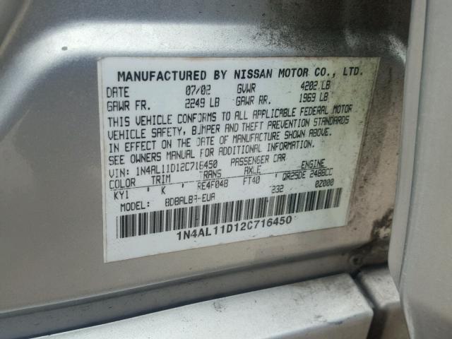 1N4AL11D12C716450 - 2002 NISSAN ALTIMA BAS SILVER photo 10