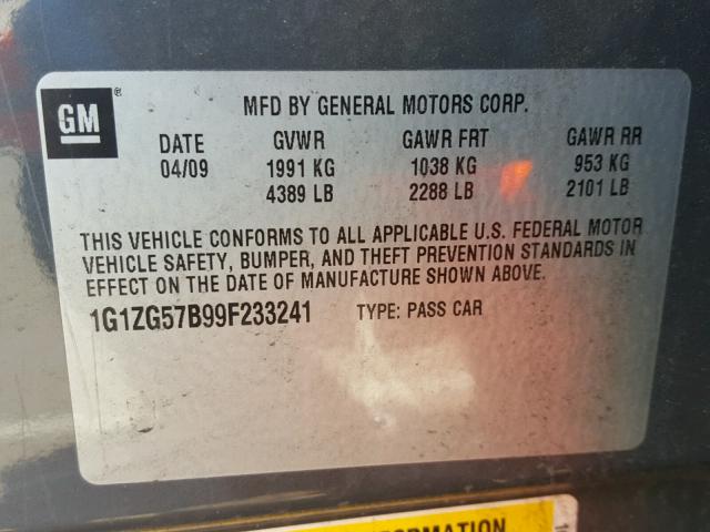 1G1ZG57B99F233241 - 2009 CHEVROLET MALIBU LS ნაცრისფერი ფოტო 10