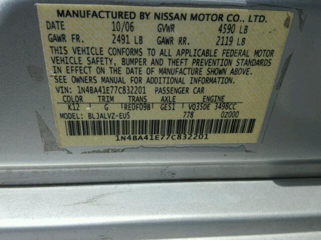 1N4BA41E77C832201 - 2007 NISSAN MAXIMA SE SILVER photo 10