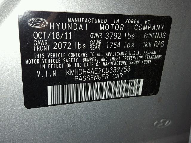 KMHDH4AE2CU332753 - 2012 HYUNDAI ELANTRA GL SILVER photo 10