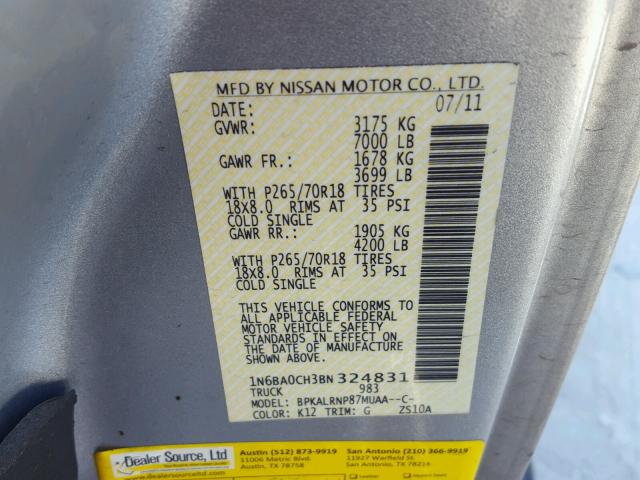 1N6BA0CH3BN324831 - 2011 NISSAN TITAN S SILVER photo 10