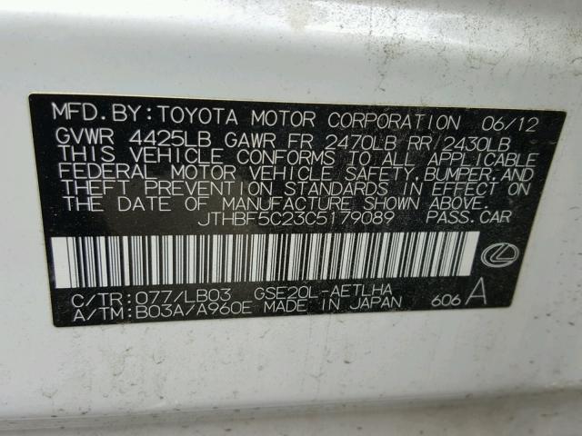 JTHBF5C23C5179089 - 2012 LEXUS IS 250 WHITE photo 10