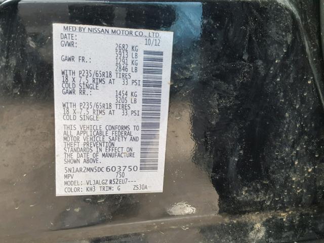 5N1AR2MN5DC603750 - 2013 NISSAN PATHFINDER BLACK photo 10